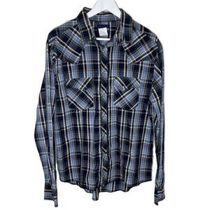 Vintage Wrangler Blue Plaid Long Sleeve Pearl Snap Western Shirt, Whipstitch